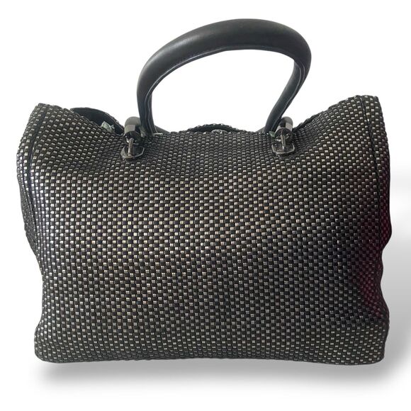 Cole Haan Genuine Leather Woven Black Silver Bag Tote Double Handle 13 x 11 x 6" - Picture 6 of 13